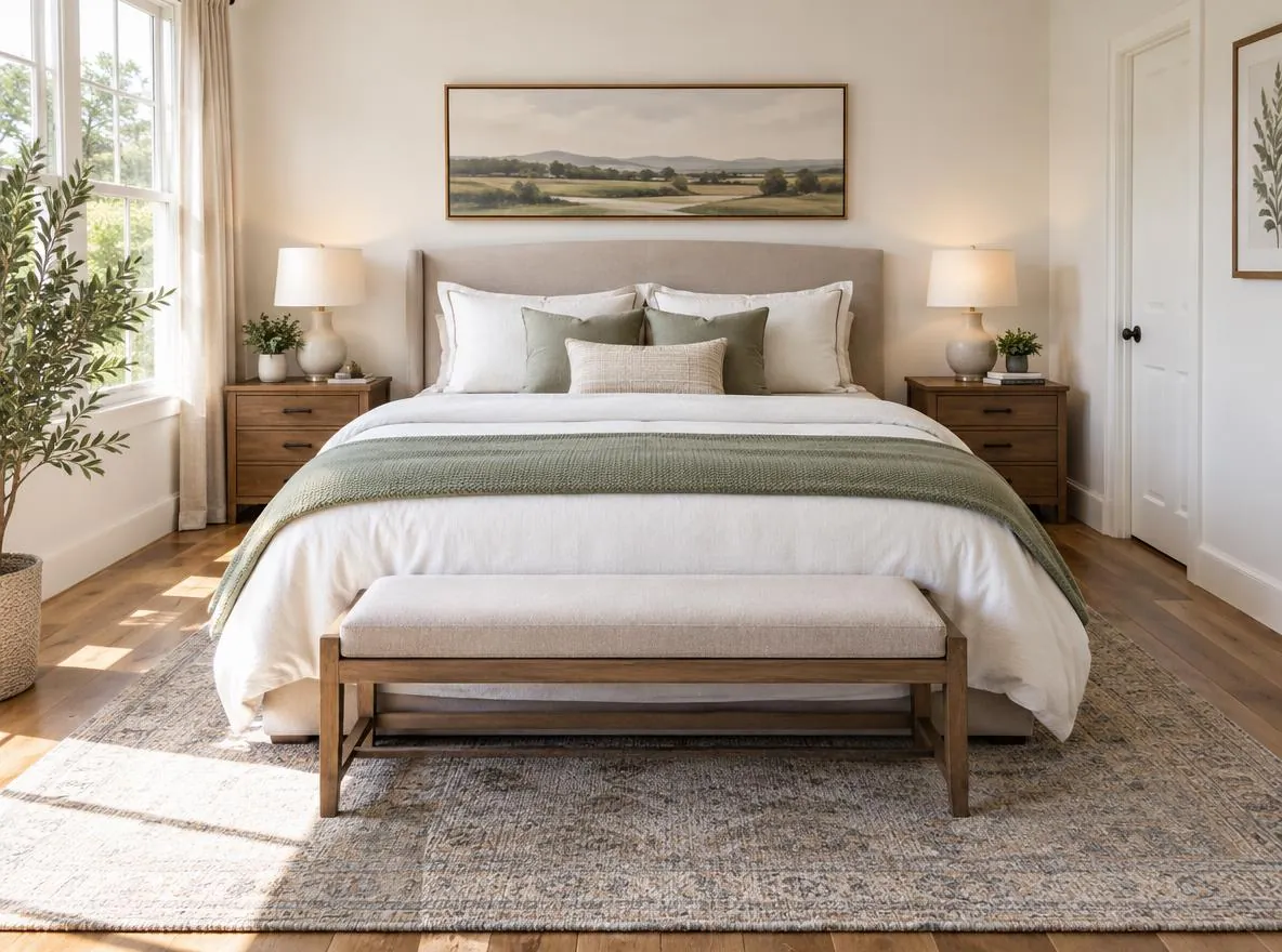 Furnished bedroom with the bed centered on the longest wall and matching nightstands on each side