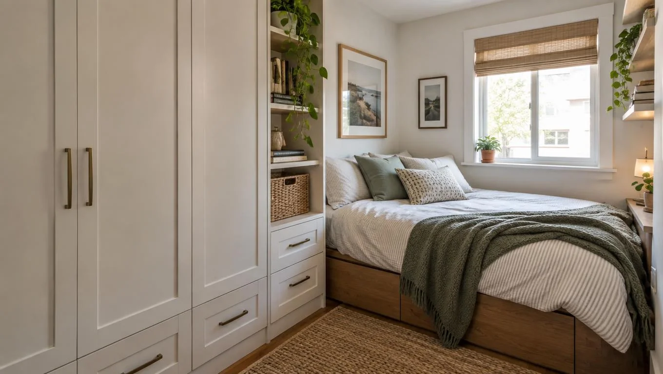Small bedroom using a tall wardrobe and corner bed placement to keep floor space open and calm