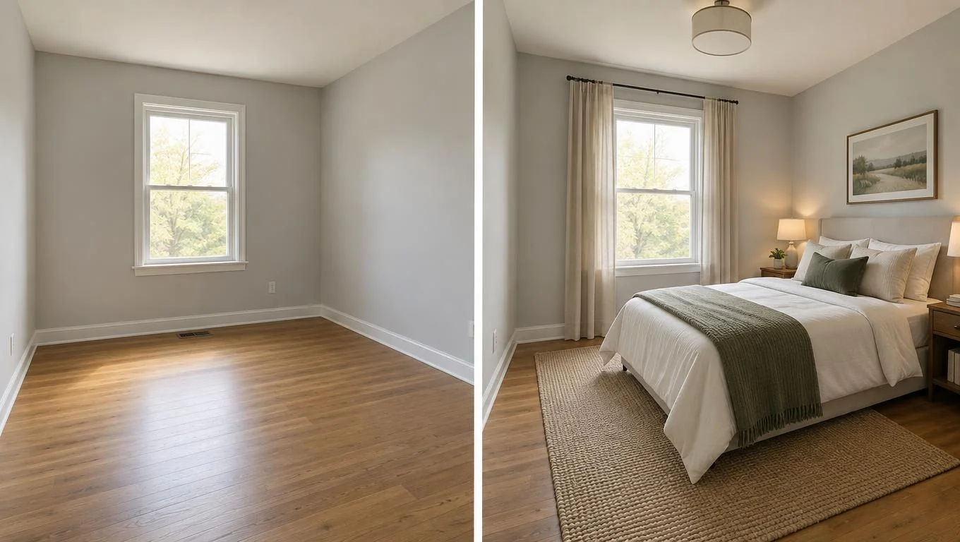 Empty bedroom beside the same bedroom with a bed, nightstands, rug, and lamps added, walls and window unchanged