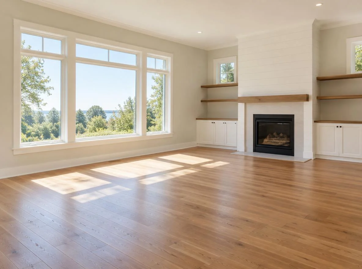 Bright empty living room with wood flooring and large windows ready to be decorated online