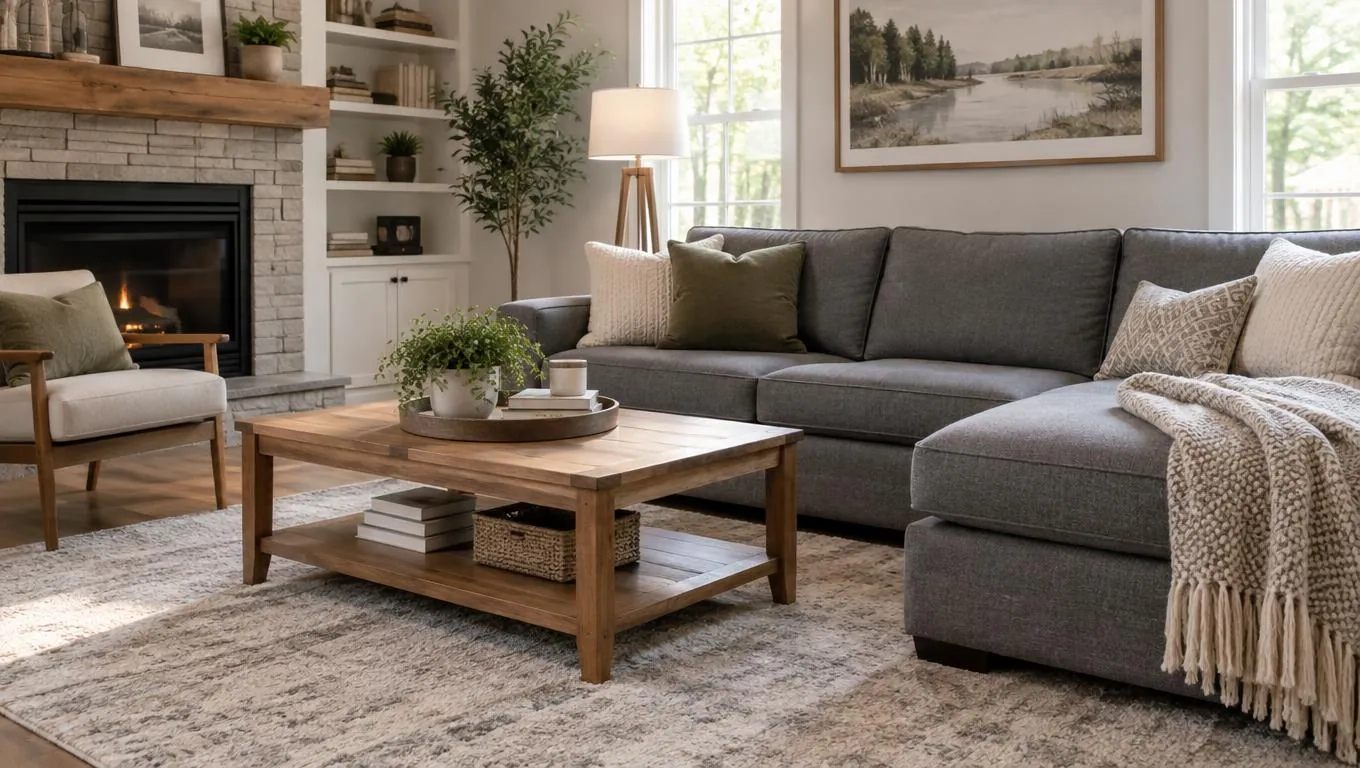 Cozy furnished living room with a gray sofa, wood coffee table, and soft rug in natural light