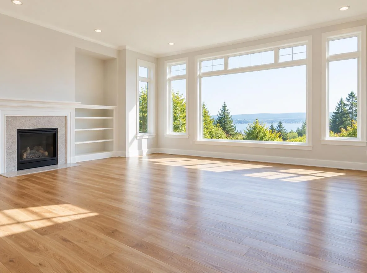 Bright empty living room with wood flooring and large windows in natural daylight, ready for virtual staging