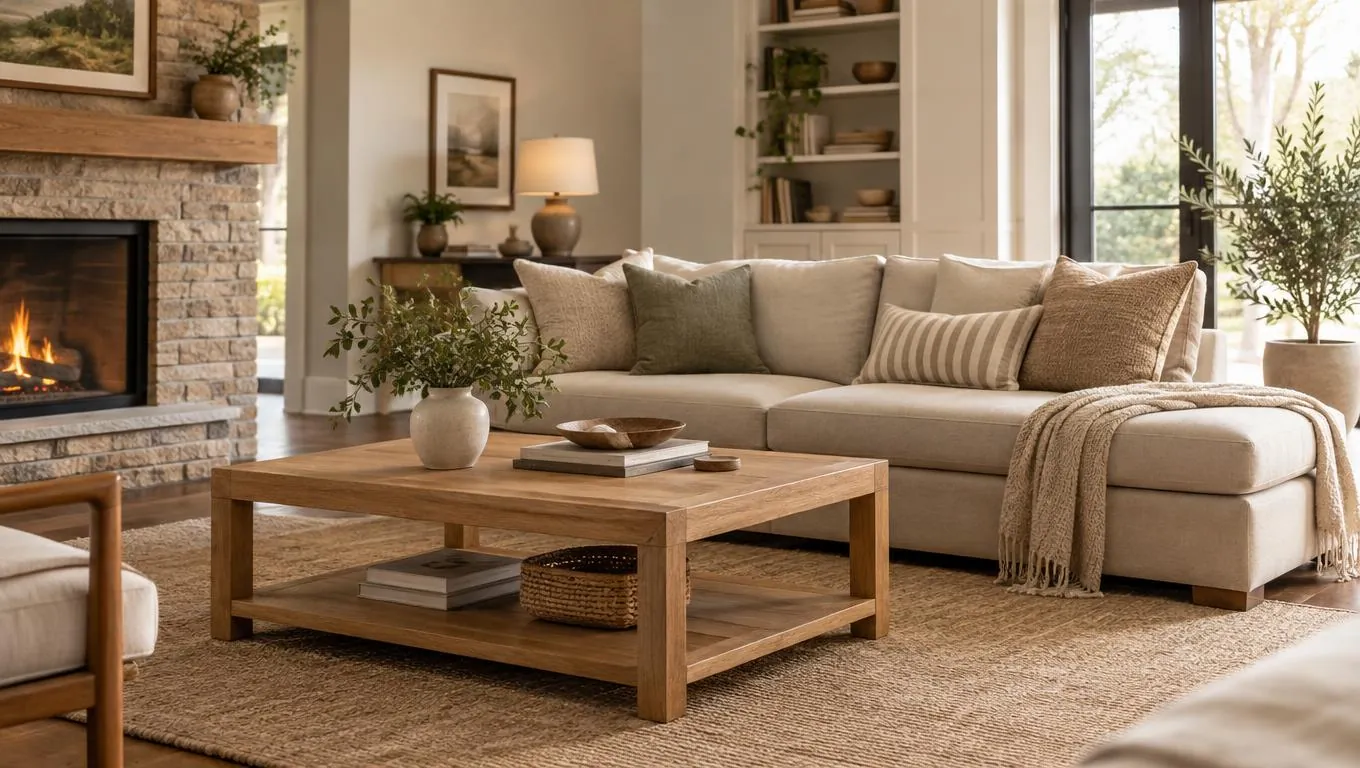 Cozy furnished living room with a beige sofa and oak coffee table showing realistic virtual staging results