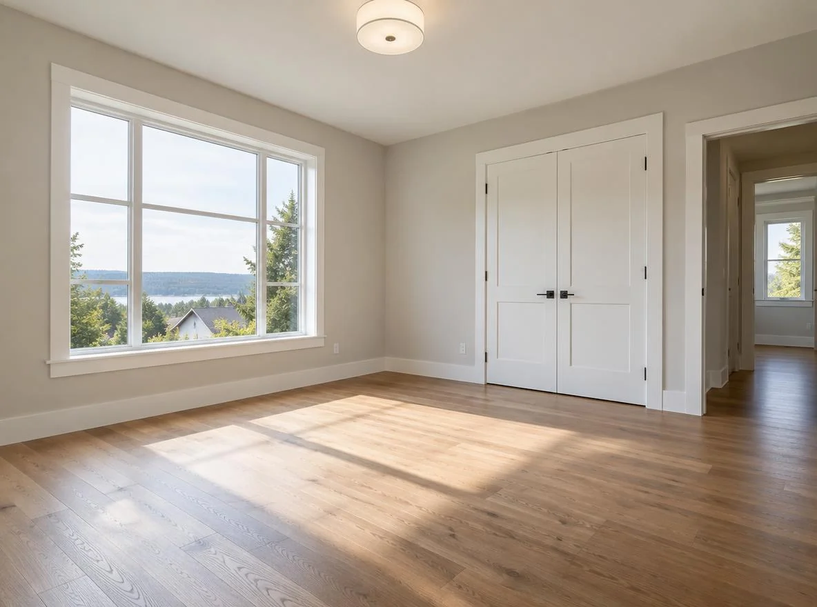 Empty apartment bedroom with a large window and wood floor, ready for a bed and dresser as the first purchase