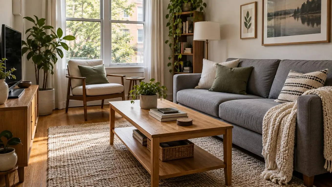 Cozy furnished small apartment living room with a gray sofa and oak coffee table previewed before buying