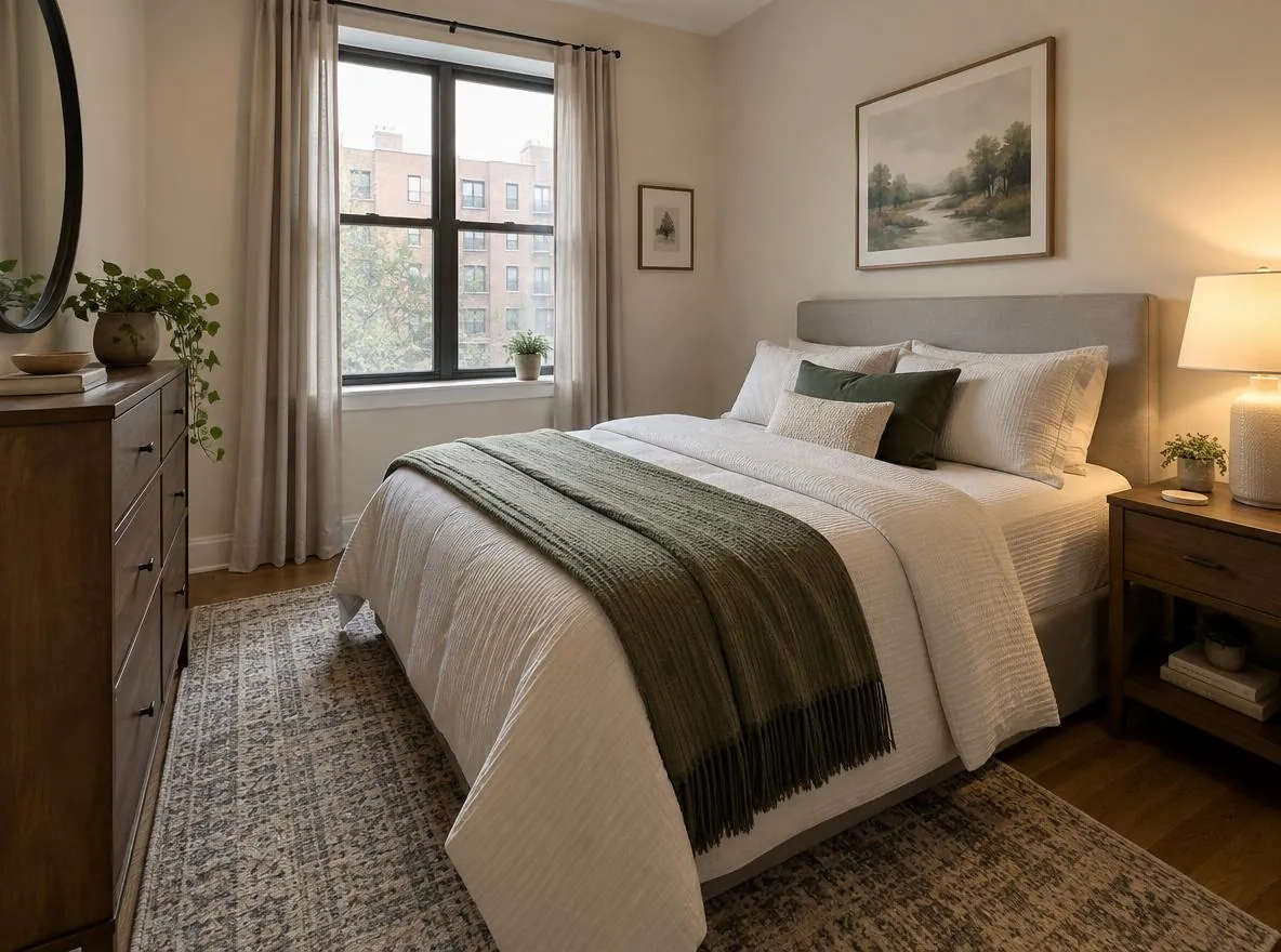 Compact furnished first apartment bedroom with a bed, dresser, nightstand and reading lamp in daylight