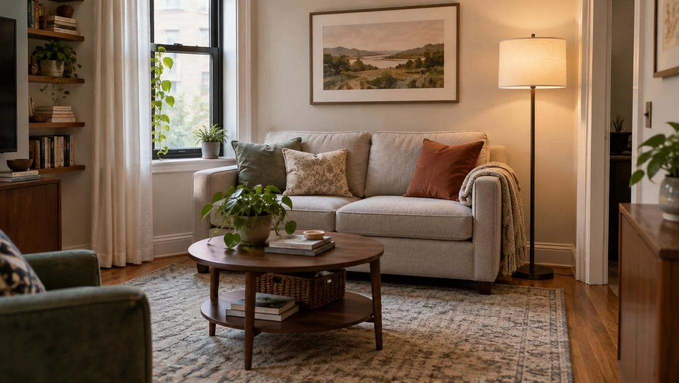 Cozy small apartment living room furnished with a loveseat, coffee table and floor lamp with room to walk