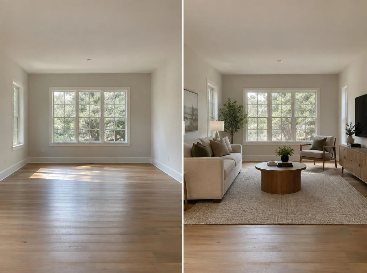 Side by side comparison of an empty room and the same room furnished, showing how a room visualizer previews furniture