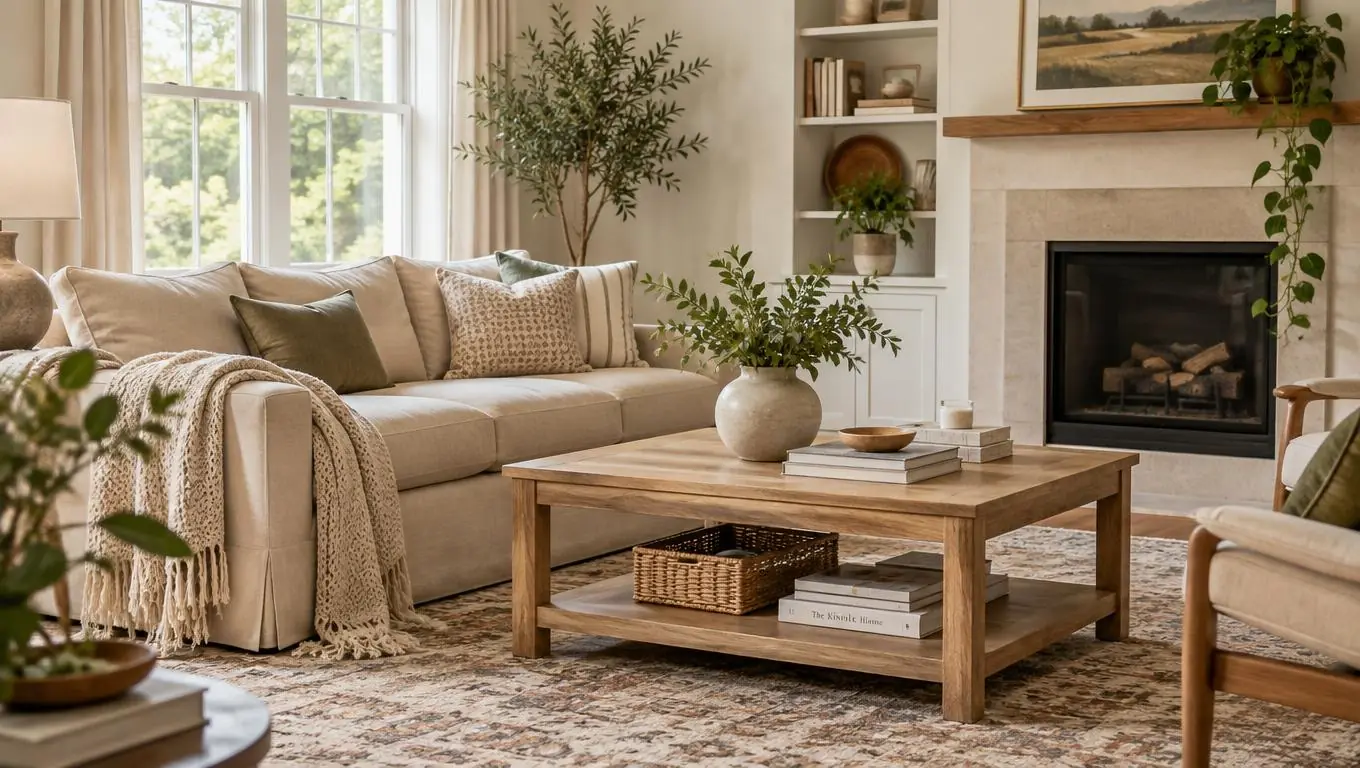 Cozy furnished living room with a beige sofa and oak coffee table in natural daylight, a realistic furnished preview result