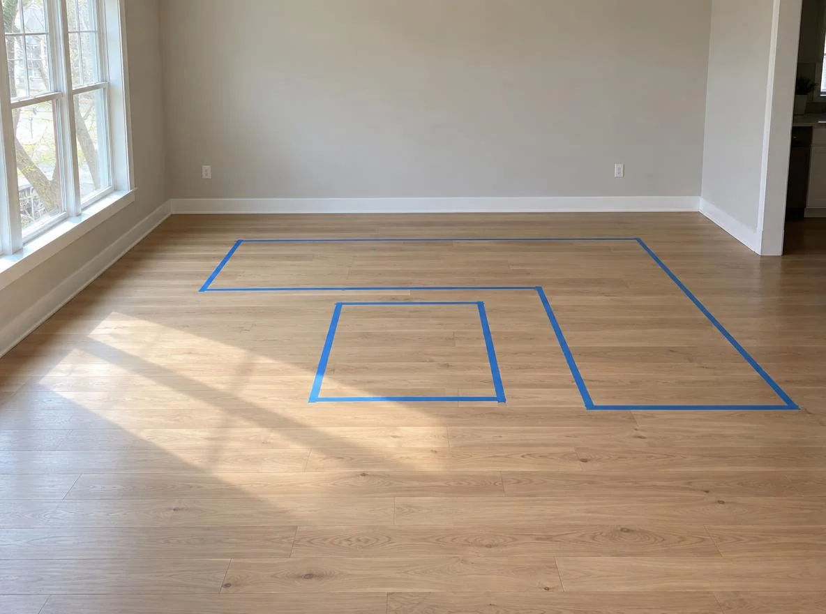 Empty living room floor marked with painter's tape outlining a sofa and coffee table footprint in daylight