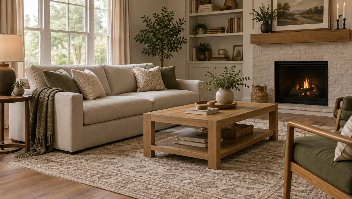 Cozy furnished living room with a beige sofa, oak coffee table, and layered rug and cushions in natural light