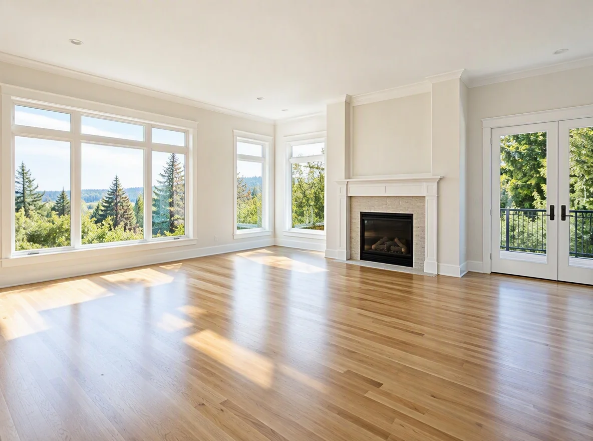 Bright empty living room with wood flooring and large windows lit by natural daylight before staging