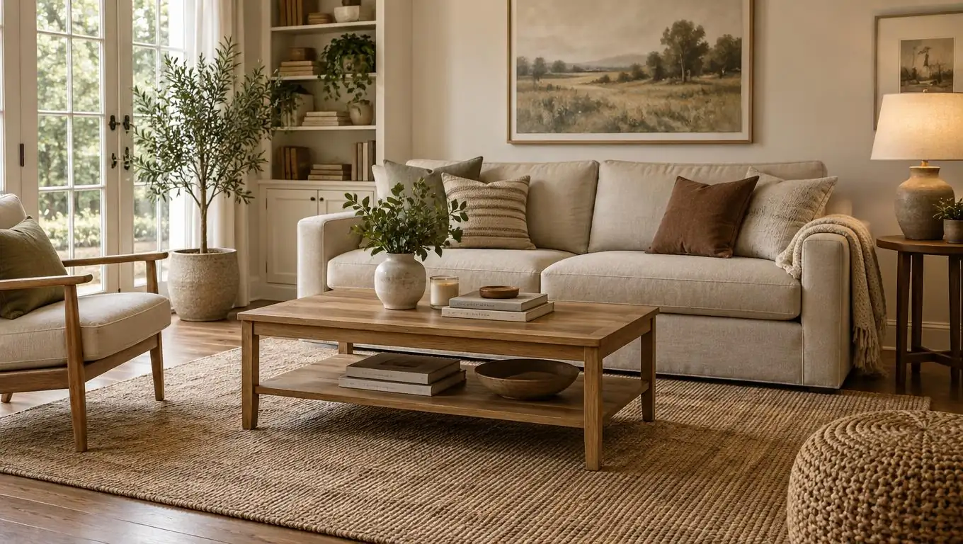 Cozy furnished living room preview with beige sofa, oak coffee table and area rug in warm daylight