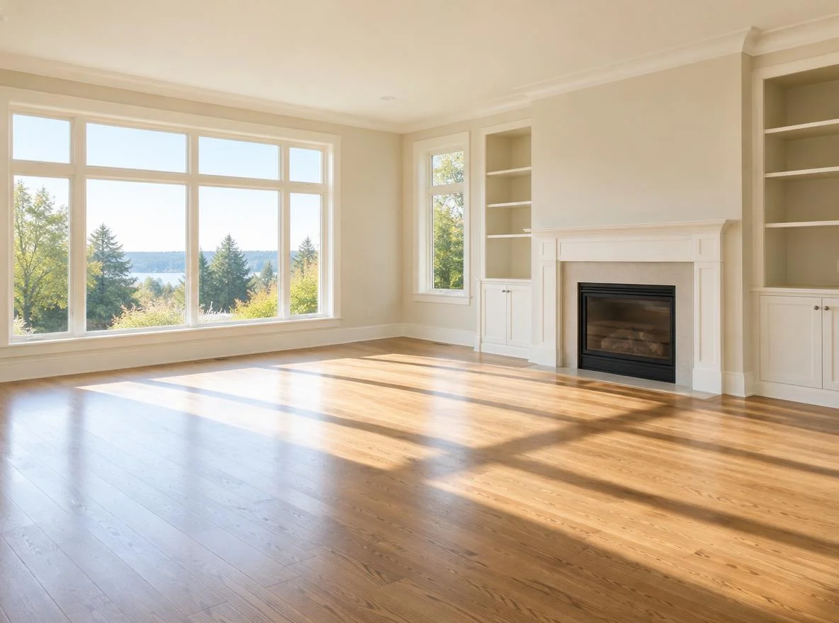 Empty living room with wood flooring and large windows, showing the natural focal point and open traffic paths before furniture