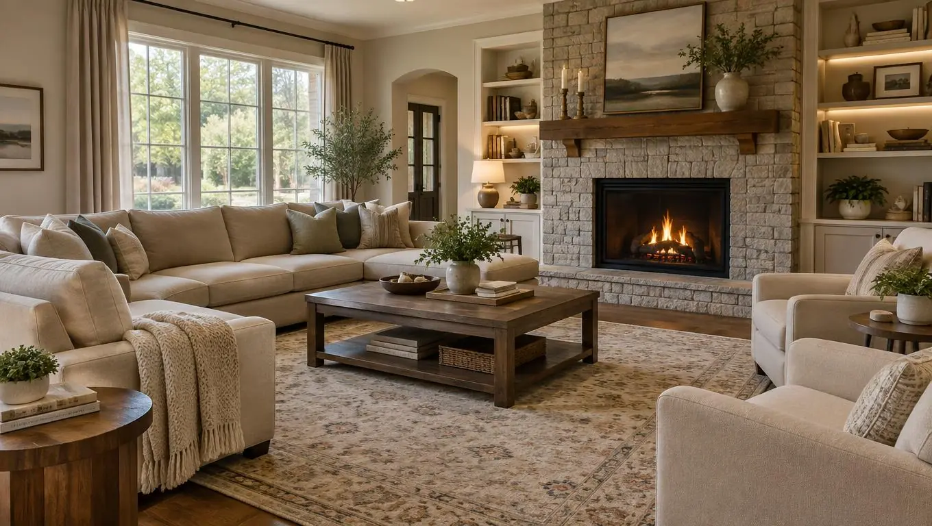 Furnished living room with a beige sofa and chairs arranged in an L shape on a large area rug forming a clear conversation area