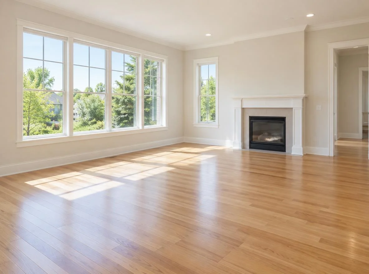 Bright empty living room with wood floor and large windows, ready to photograph for a room mockup