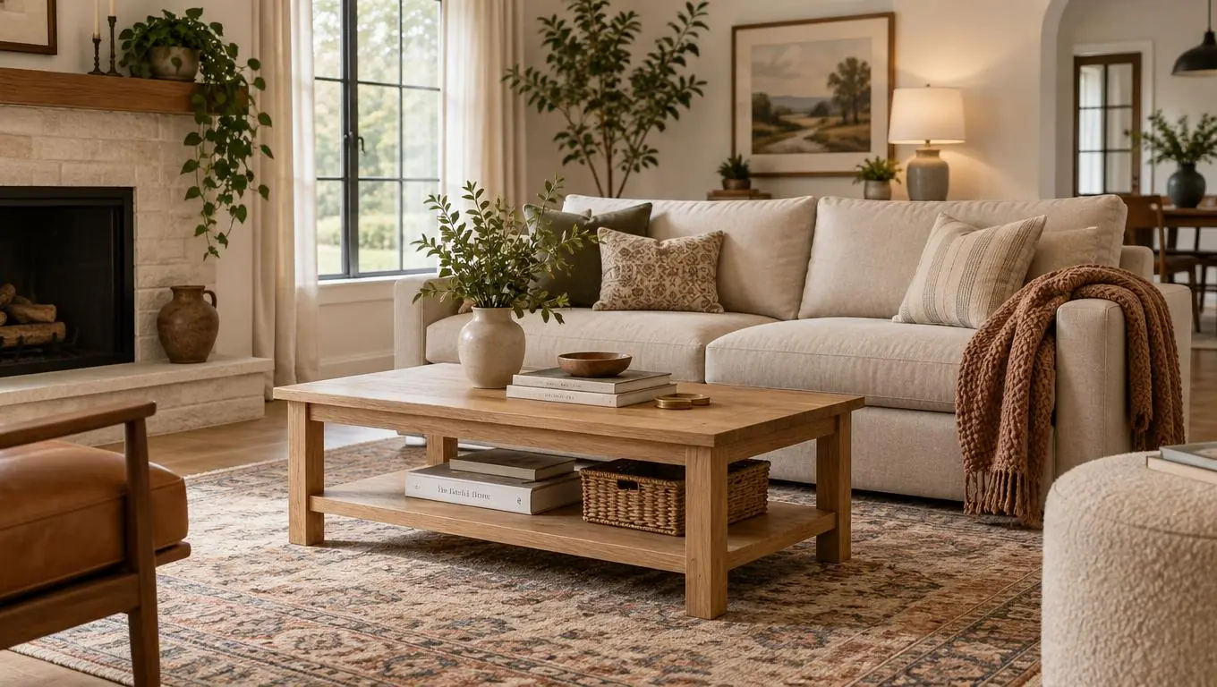 Cozy furnished living room mockup with a beige sofa, oak coffee table, and warm rug in natural light