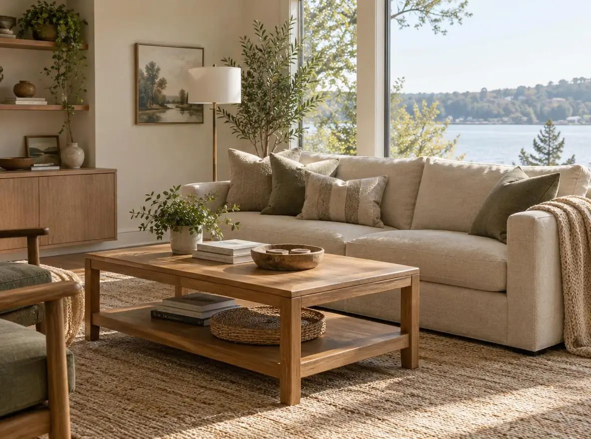 Photorealistic furnished living room with beige sofa and oak coffee table lit by natural window daylight