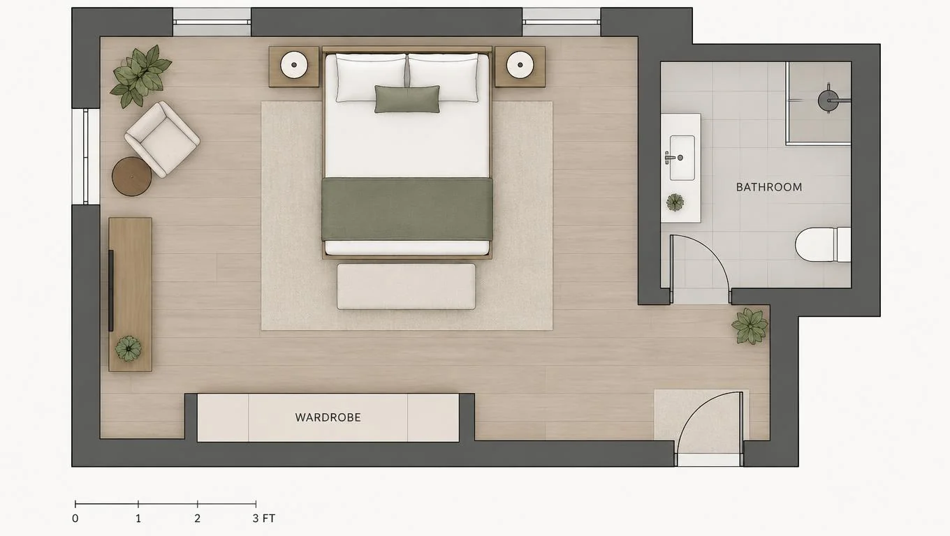 Overhead to-scale room planner diagram showing furniture blocks, dimensions, and walkway clearances