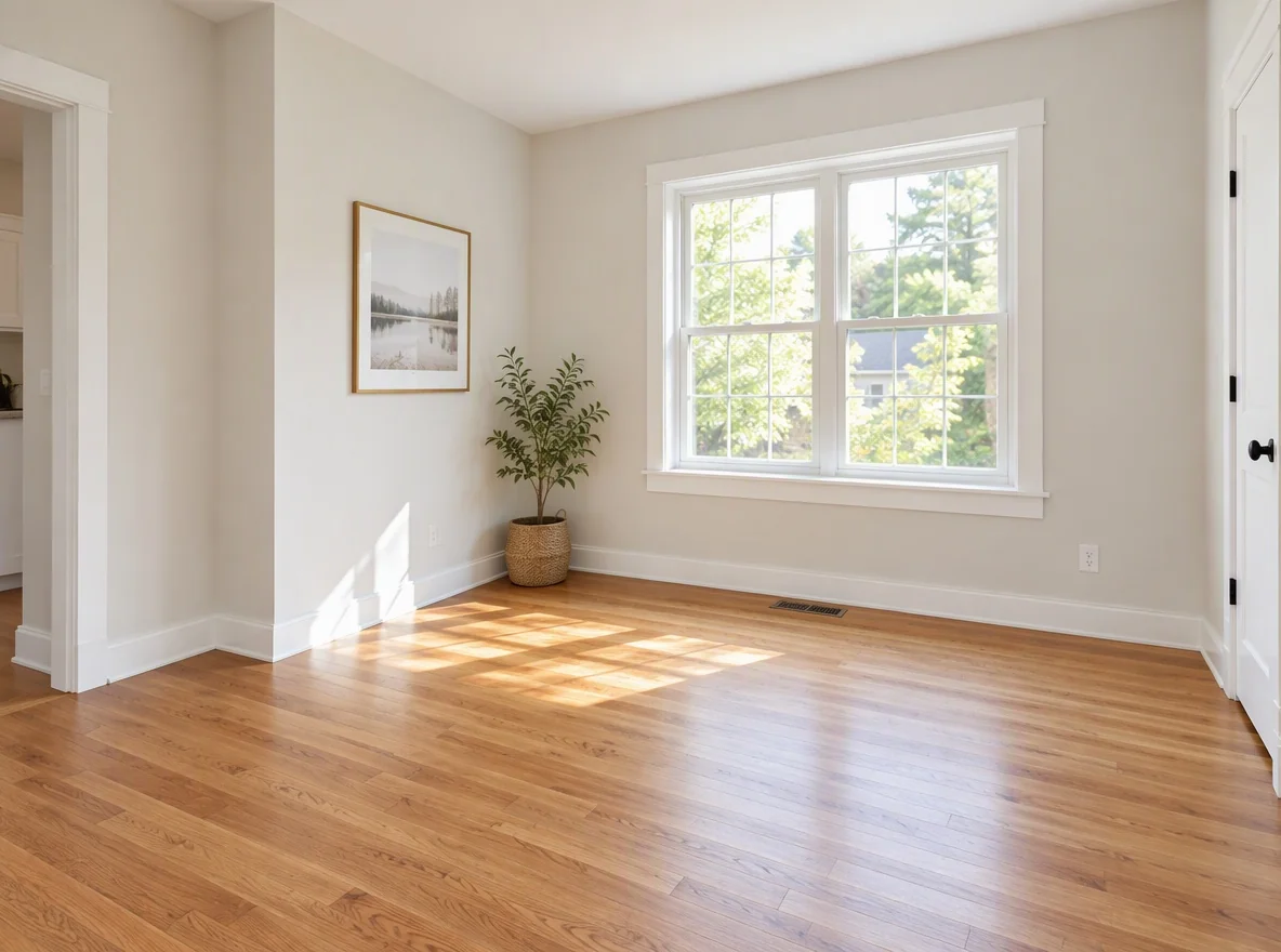 Empty compact living room with wood floor and a window, ready for small-space furniture planning
