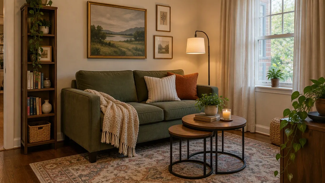 Cozy small living room with a loveseat, nesting tables, and a tall narrow bookshelf using vertical space