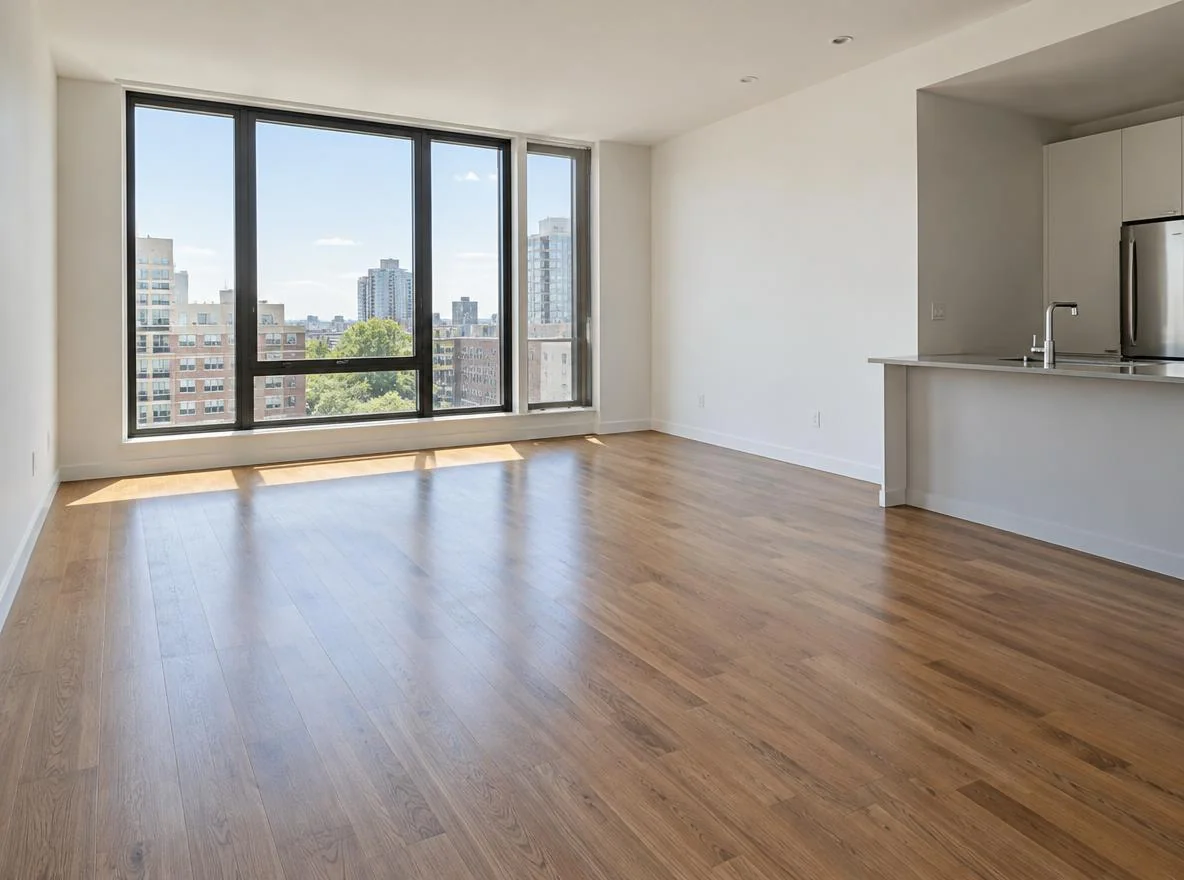 Empty studio apartment with wood floor and large windows ready for a furniture zoning plan