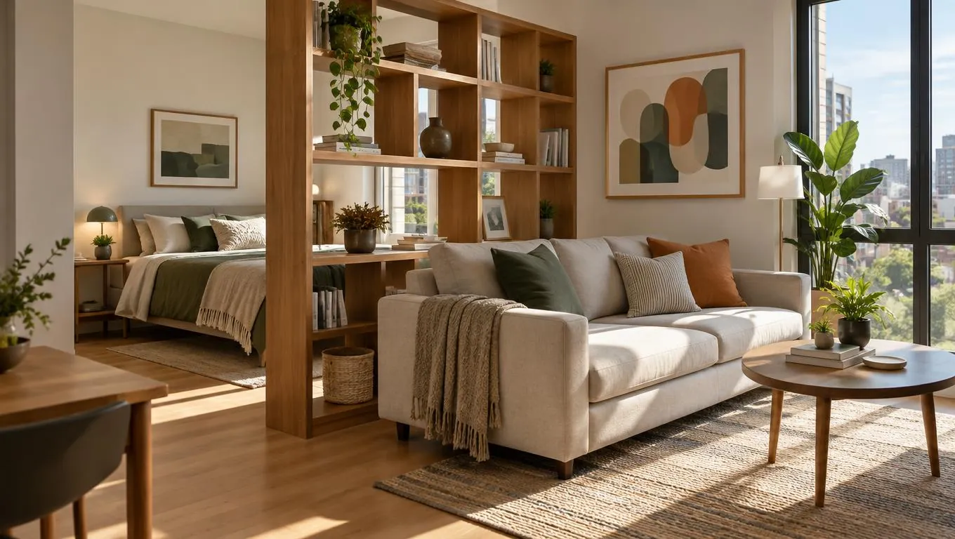 Studio with open shelving divider separating the sleep zone from the sofa and living area