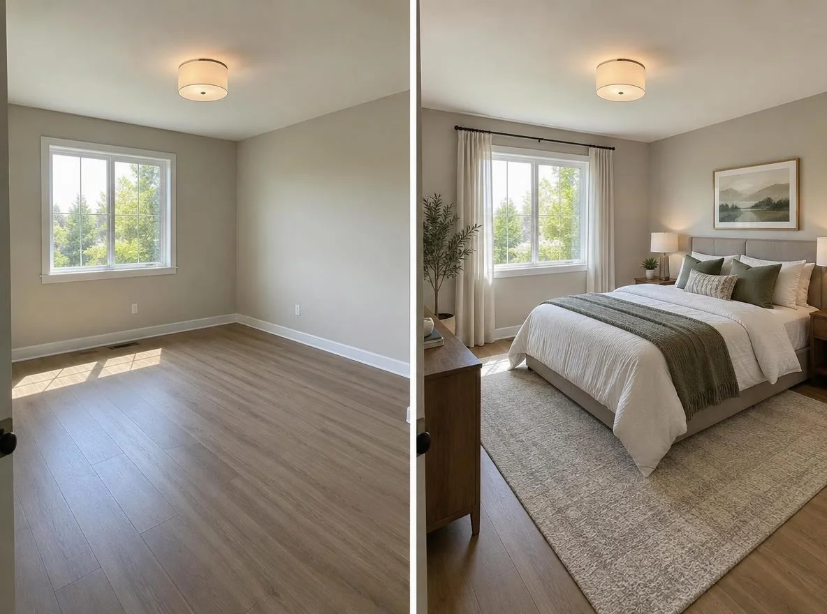 Before-and-after bedroom virtual staging example with an empty room beside a queen bed and two nightstands