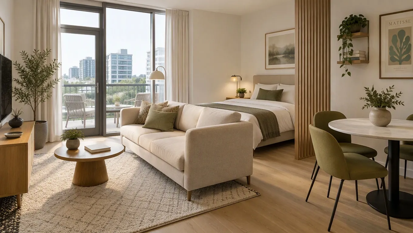 Virtual staging example of a studio apartment furnished into distinct sleeping, lounge, and dining zones