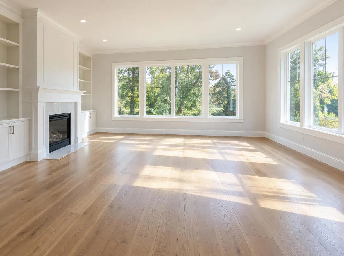 Bright empty living room with wood floor and large windows ready for a furniture preview photo