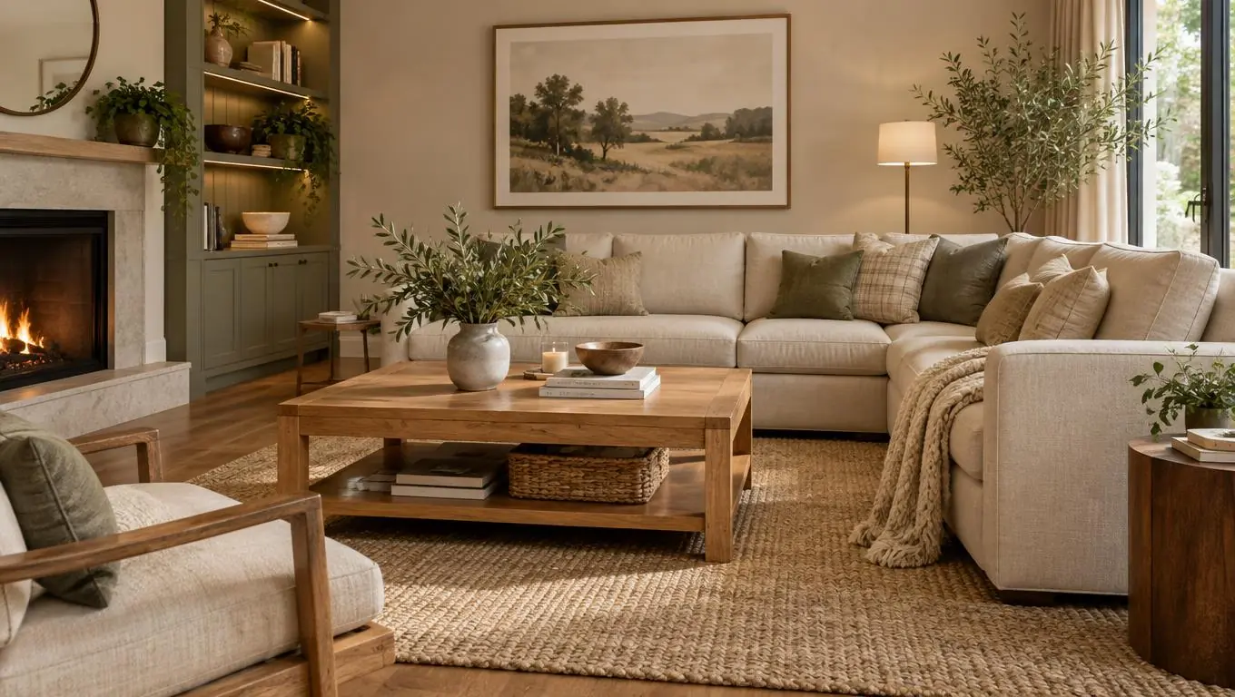 Cozy furnished living room with a beige sofa, oak coffee table, and rug previewed in a real space