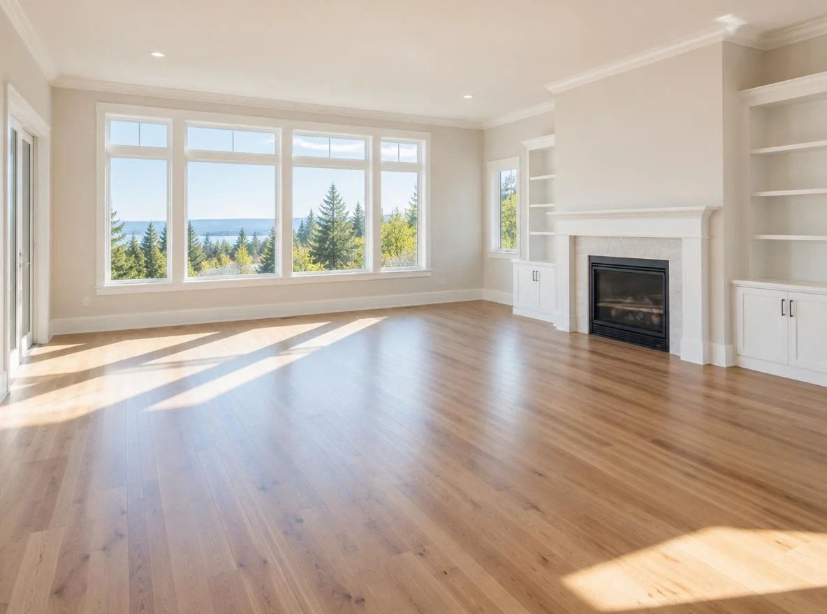 Bright empty living room with light wood flooring and large windows waiting to be virtually staged with furniture