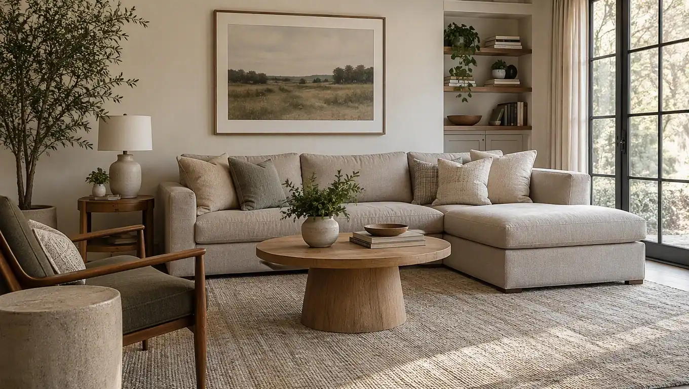 Cozy virtually staged living room with a beige sofa, oak coffee table, and soft decor in natural light